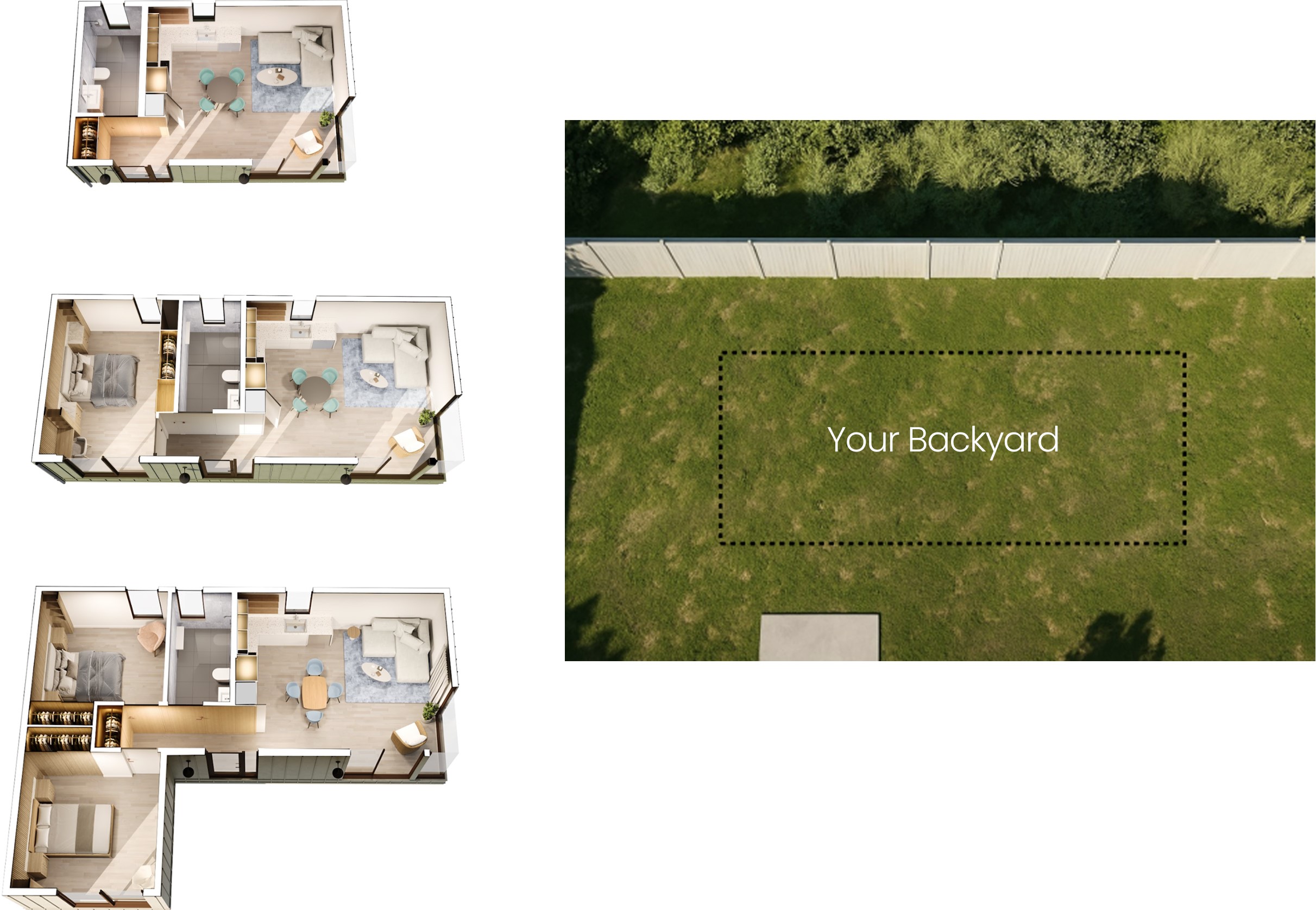 ADU floor plan options studio 1 bedroom and 2 bedroom layouts