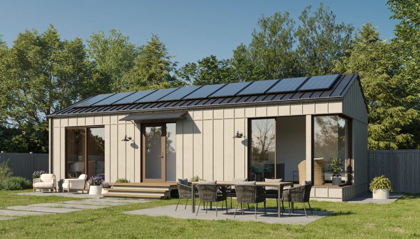 Luxury ADU exterior solar panels board and batten cladding outdoor dining backyard