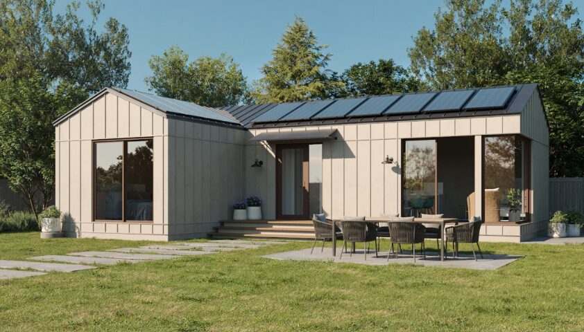 Modern backyard ADU solar roof large windows outdoor entertaining area