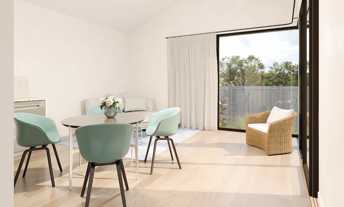 Studio ADU living area sliding glass door private outdoor garden