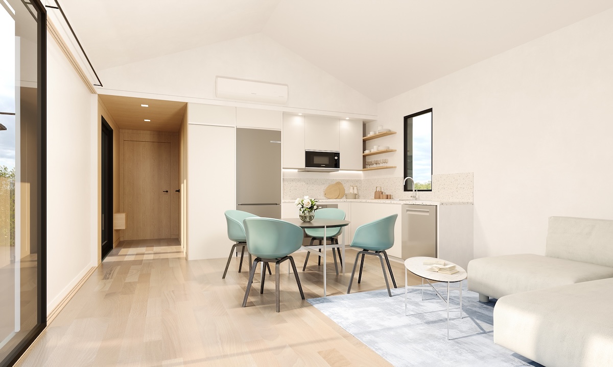 Modern ADU kitchen dining space timber floors white cabinetry open shelving