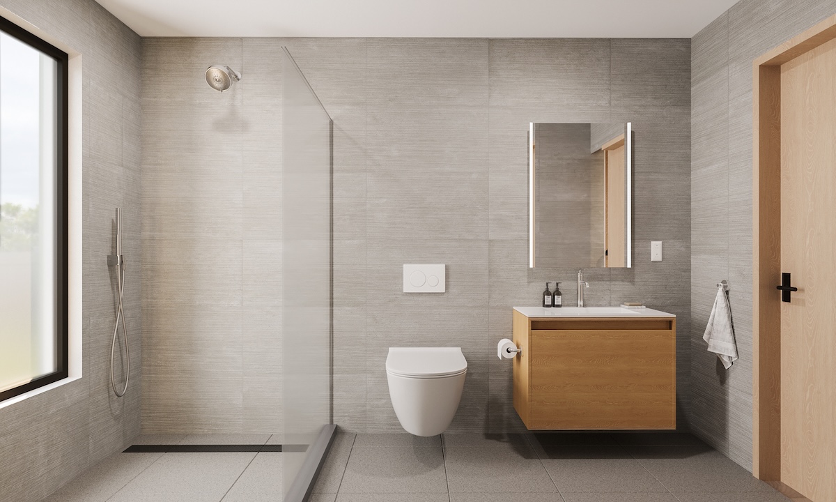 Designer ADU bathroom walk in shower floating timber vanity LED mirror