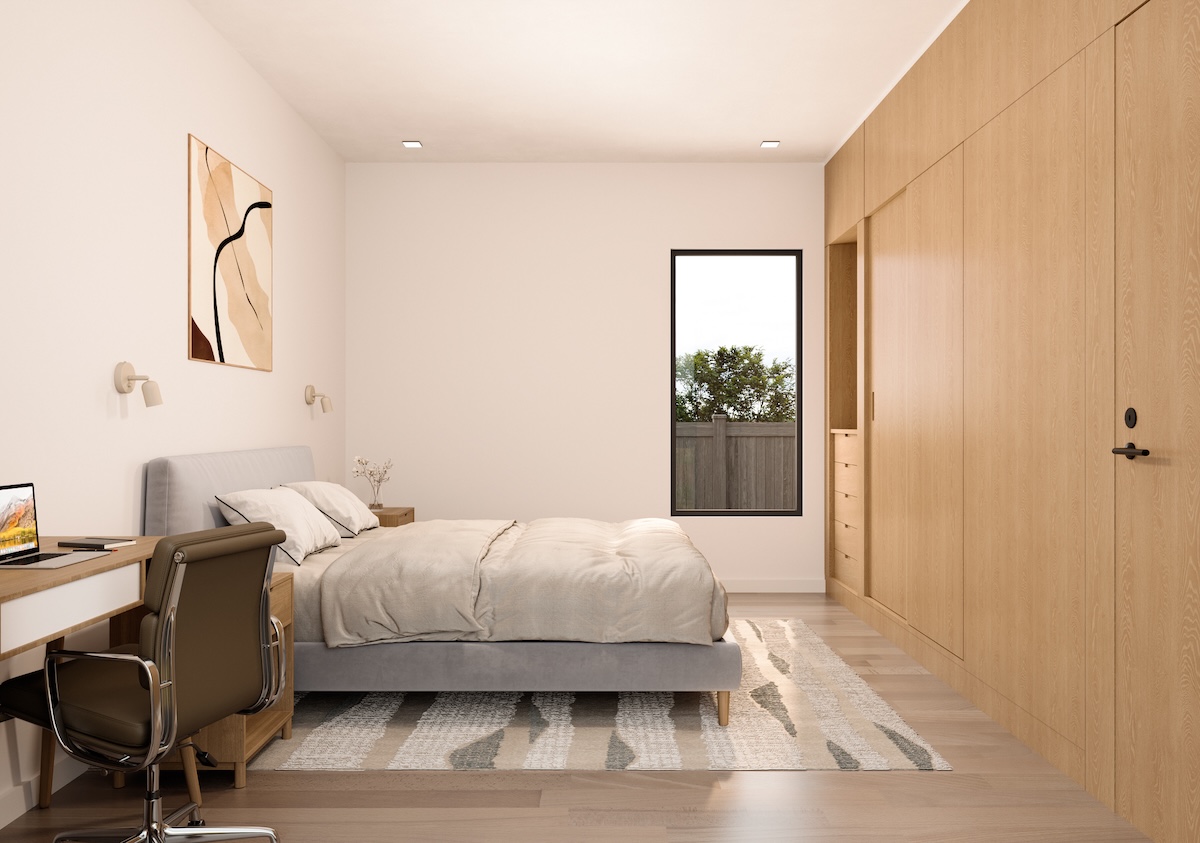 Luxury ADU bedroom built in timber wardrobe light timber floors garden window