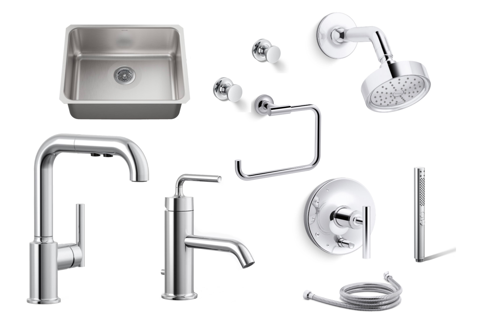 Kohler chrome fixtures in luxury ADU kitchen faucet shower head bathroom accessories